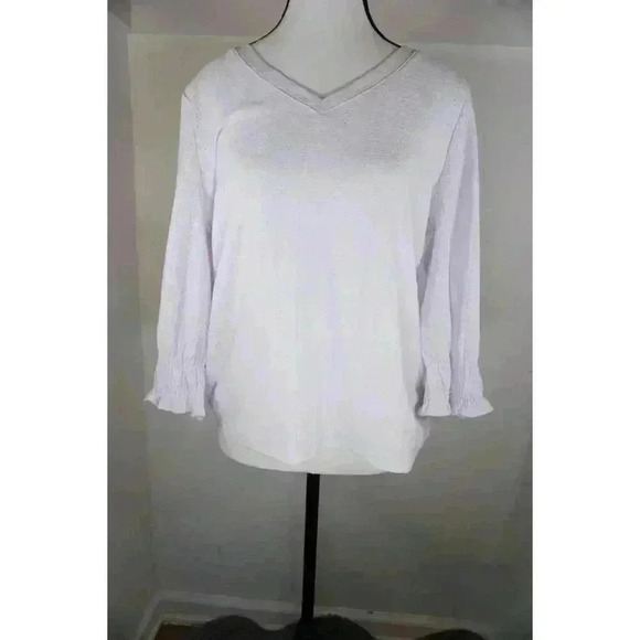 Counterparts White Textured V-Neck Blouse with Smocked Cuffs - Size M - Picture 1 of 15